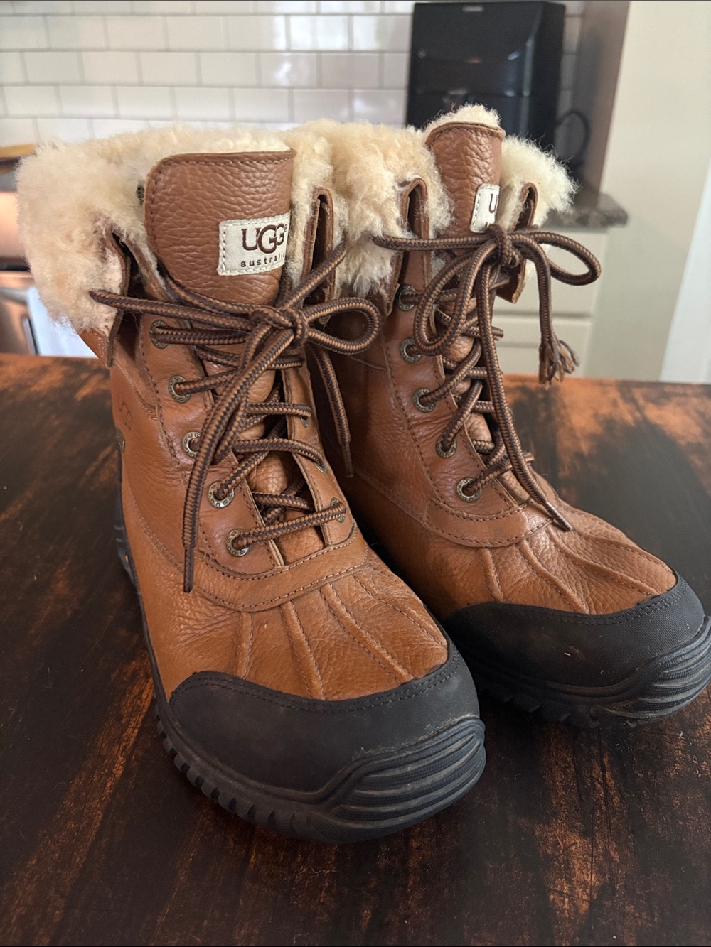 UGG Brown Leather Shearling-Lined Lace-Up Combat Boots